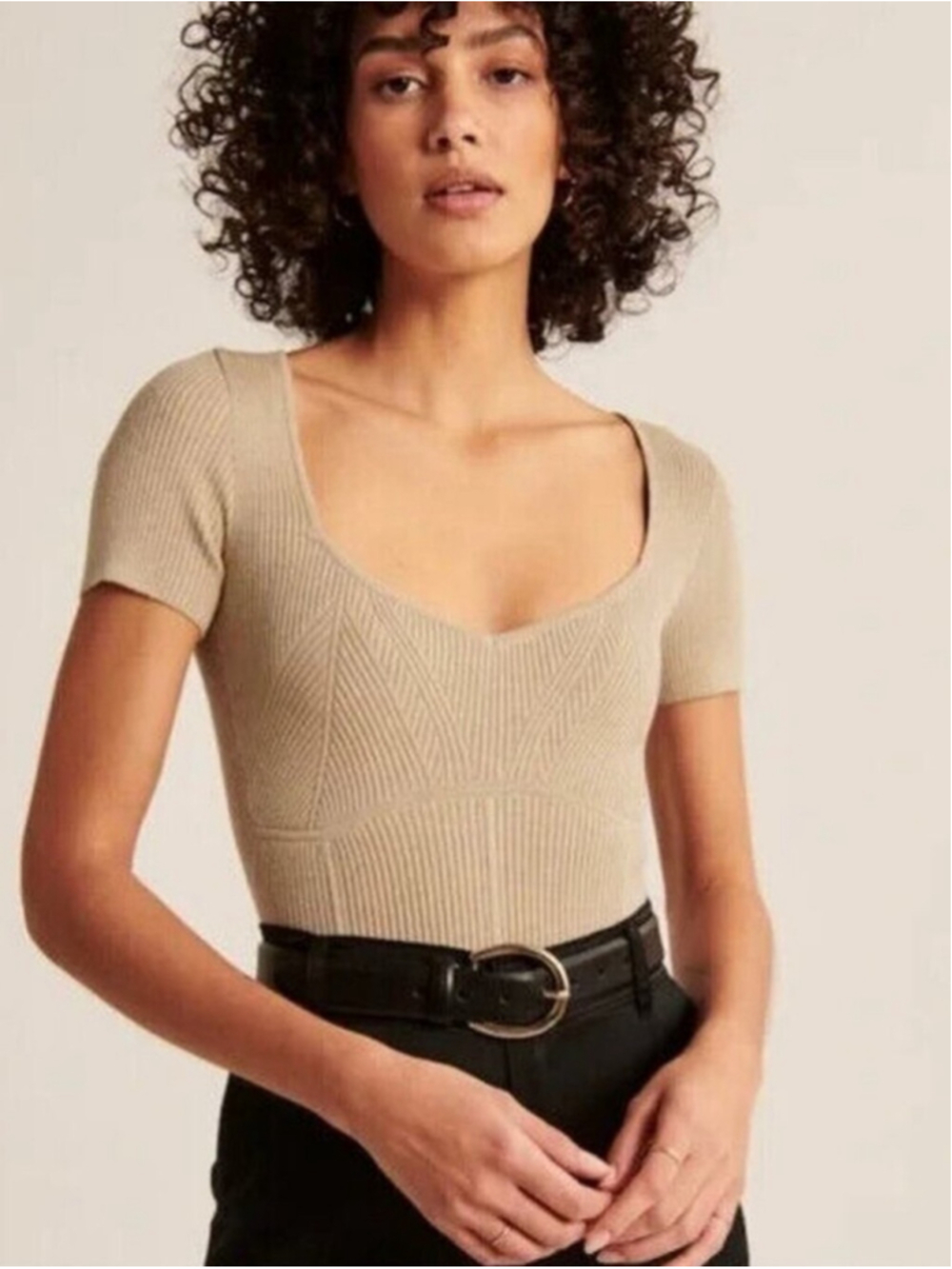 Abercrombie & Fitch Knit Short Sleeve Tan Top BodySuit Sz M Stretchy Comfortable